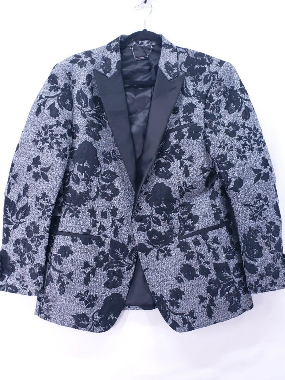 Barabas Men's Blazer Jacket Size 42R Slim Fit Black Gray Floral Jacquard Formal